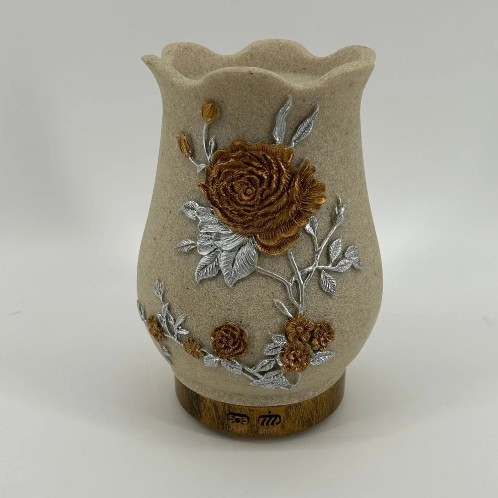 Floral 3D Rose Essential Oil Diffuser Scalloped Stone Look Vase DC 24V Beige NEW